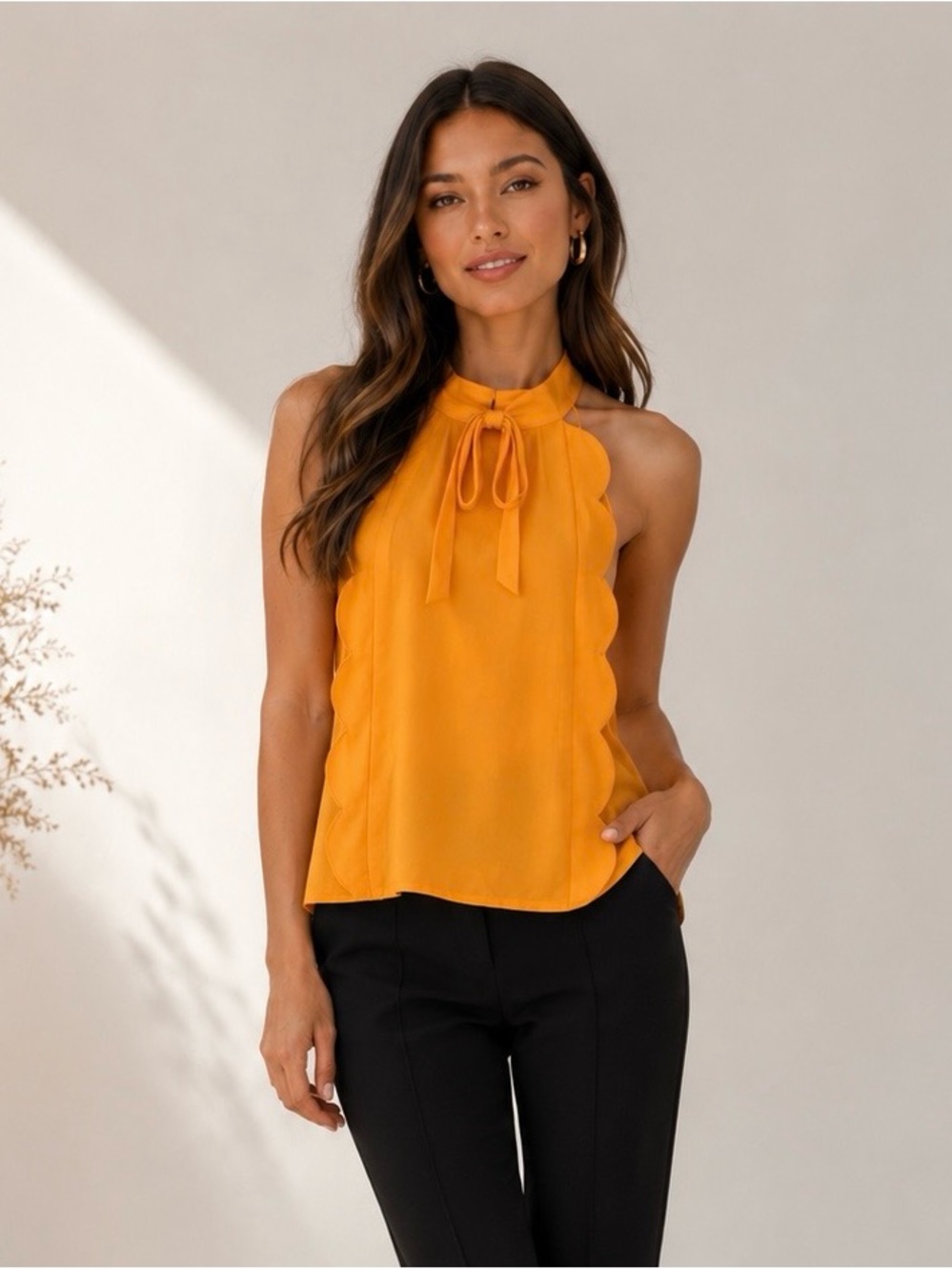 Victoria Beckham - Mustard Tie-Neck Scallop-Edge Camisole